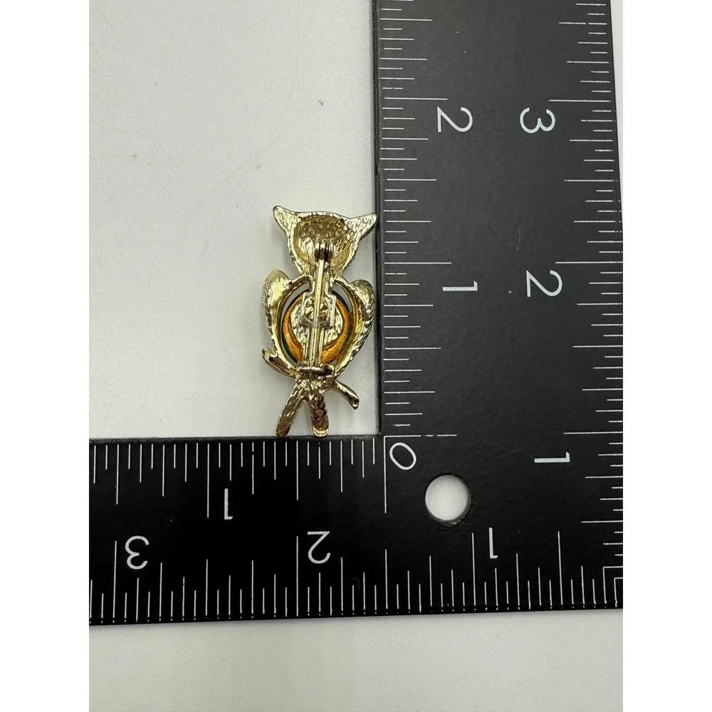 Vintage Gold Tone Owl‎ Brooch Green Cabochon Eyes and Belly Woodland Jewelry